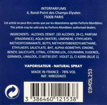 Tył niebieskiego opakowania wody perfumowanej Mont Blanc Explorer Ultra Blue, z listą składników i kodem kreskowym.