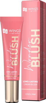 Różowy długotrwały róż w kremie Wings of Color Wonder Blush Cool Pink w tubce i dopasowanym pudełku.