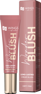 Długotrwały róż WINGS Wonder BLUSH Dirty Pink: różowa tubka ze złotą nakrętką i pudełko, widok z przodu.