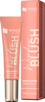 Długotrwały róż Wings of Color Wonder Blush, Fancy Peachy, w brzoskwiniowej tubce i pudełku stojących obok siebie.