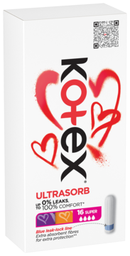 Kotex Ultrasorb Super tampony, białe opakowanie 16 sztuk, z czerwonym logo i napisem 0% leaks, widok z przodu.