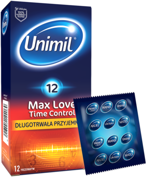 Unimil Max Love Time Control prezerwatywy opóźniające, granatowe pudełko z 12 sztukami, widok z przodu, obok folia.