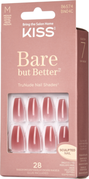 KISS Bare but Better TruNude Nails w pudroworóżowym opakowaniu, 28 sztucznych paznokci nude z efektem ombre, widok z przodu.