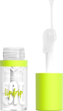 NYX Fat Oil Lip Drip, przezroczysta butelka z neonową zakrętką, wyciągnięty aplikator z błyszczącym olejkiem.