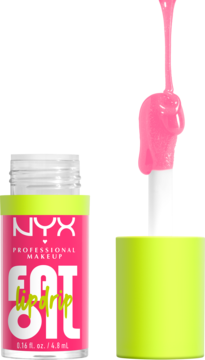 Zbliżenie na różowy NYX Fat Oil Lip Drip, z neonowym opakowaniem i kapiącym aplikatorem z olejkiem.