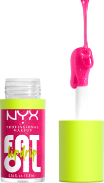 NYX Fat Oil Lip Drip, intensywnie różowy olejek do ust. Otwarta butelka z aplikatorem pełnym lśniącego produktu.