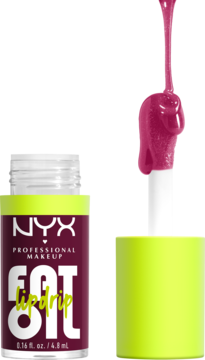 NYX Fat Oil Lip Drip: otwarta butelka z purpurowym olejkiem i wyjętym aplikatorem z kroplą produktu.