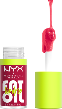 Zbliżenie na różowy olejek NYX Fat Oil Lip Drip z neonowo zieloną nakrętką i ociekającym aplikatorem.