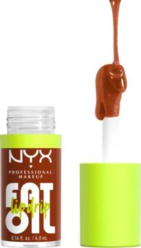 Otwarty NYX Fat Oil Lip Drip w brązowej buteleczce. Neonowa zakrętka obok, aplikator z soczystym, brązowym olejkiem.
