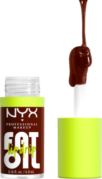 NYX Fat Oil olejek do ust, brązowa butelka z neonowym korkiem, aplikator kapiący brunatnym płynem.