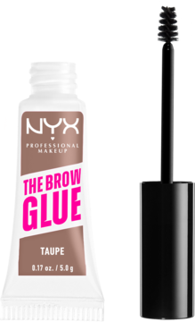 NYX The Brow Glue Taupe, klej do brwi w białej tubce z napisami i czarnym aplikatorem obok.