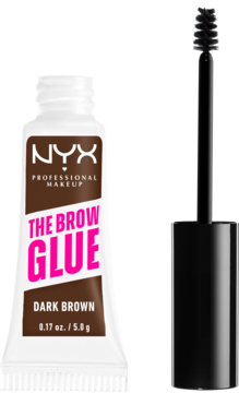 NYX The Brow Glue w ciemnobrązowej tubce z różowym napisem i czarna szczoteczka do brwi, widok z przodu.