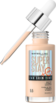 Maybelline Super Stay 24H Skin Tint z witaminą C, beżowy podkład w butelce z otwartym aplikatorem typu dropper.