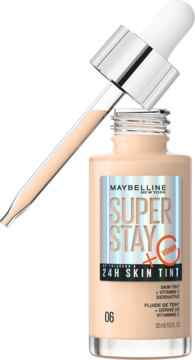 Maybelline Super Stay 24H Skin Tint z wit. C, jasny odcień, butelka z uniesionym aplikatorem z kroplą tintu.