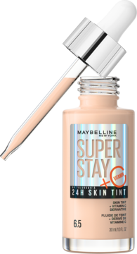 Maybelline Super Stay 24H Skin Tint 6.5 z witaminą C, w szklanej butelce z uniesioną pipetą.