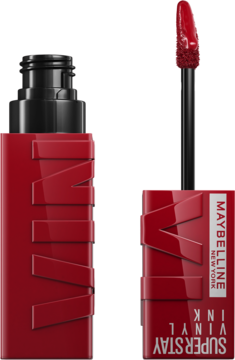 Czerwona pomadka winylowa Maybelline Super Stay Vinyl Ink, otwarta butelka i aplikator z połyskującą czerwoną końcówką.