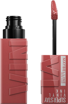 Maybelline Super Stay Vinyl Ink, płynna pomadka w odcieniu brudnego różu, otwarta z widocznym aplikatorem i zamknięta.