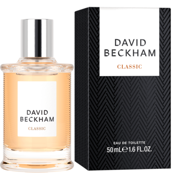 David Beckham Classic woda toaletowa męska 50ml, szklana butelka z srebrną nakrętką i czarne opakowanie.