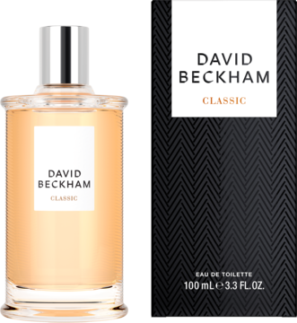 Flakon wody toaletowej David Beckham Classic 100ml z bursztynowym płynem i srebrną nakrętką, obok czarne opakowanie.