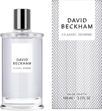 David Beckham Classic Homme woda toaletowa w przezroczystej butelce i pudełku z szarym wzorem, widok z przodu.