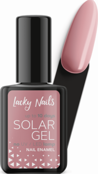 Różowy lakier Lacky Nails Solar Gel 06 charm, butelka i swatche koloru. Utwardzany światłem słonecznym, bez lampy UV.