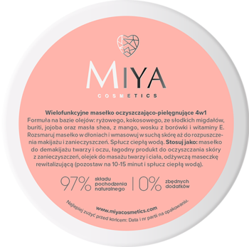 Różowe masełko oczyszczające 4w1 Miya myCLEANhero w białym słoiczku, widok z góry, z logo Miya Cosmetics.