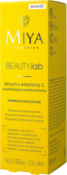 Miya BEAUTY.lab Serum z witaminą C, żółte pudełko z napisem NOWOŚĆ, widok z przodu i boku.