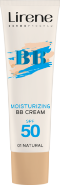 Lirene Nawilżający BB Krem SPF 50, biała tubka z beżowym dnem i niebieskim napisem BB, odcień 01 Natural.