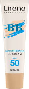 Biała tuba Lirene Nawilżający BB Krem SPF 50 02 Nude, z niebiesko-beżowym wzorem i napisem BB.