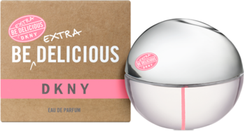 DKNY Be Delicious Extra EDP w brązowym pudełku i srebrno-różowym flakonie w kształcie jabłka. Zapach gruszka, gardenia, karmel.