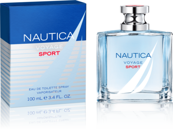 Nautica Voyage Sport męska woda toaletowa: niebieskie pudełko i jasnoniebieski szklany flakon z logo, widok z przodu.