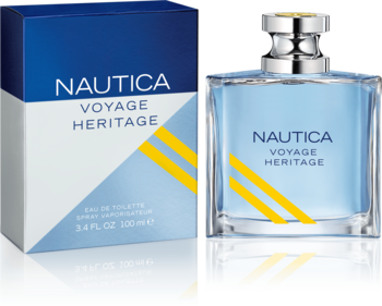 Nautica Voyage Heritage: szklany flakon EDT z jasnoniebieskim płynem i żółtymi pasami obok pasującego pudełka.