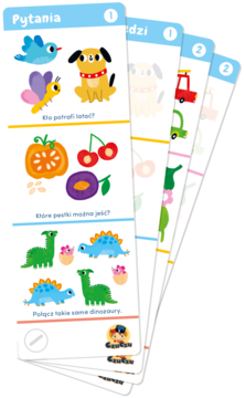 Stos edukacyjnych kart CzuCzu Zagadki 3-4 lata, z rysunkami zwierząt, owoców i dinozaurów, fanki kart.