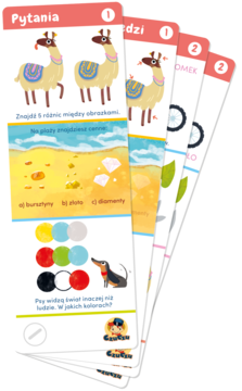 Fanned stack of CzuCzu educational riddle cards for children 6-7, with colorful llama and beach illustrations.