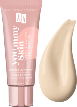 Różowa tubka podkładu YOU.mmy Skin Peach Flawless 01 Vanilla i beżowa smuga dla efektu glow.