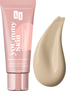 Różowa tubka podkładu AA YOU.mmy Skin Peach Flawless 02 Nude, z beżową próbką koloru obok.
