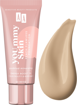 AA YOU.mmy Skin Peach Flawless podkład mineralny 03 Beige w różowej tubce, obok duża beżowa smuga.