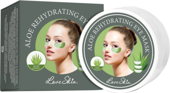 LoveSkin Aloe Rehydrating Eye Mask, szarawo-zielone pudełko i biały słoik z grafiką kobiety, widok z przodu.