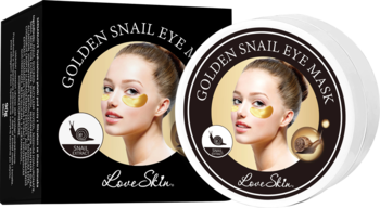 Love Skin Golden Snail hydrożelowe płatki pod oczy w czarnym pudełku i białym słoiku, widok z przodu.