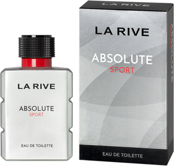 La Rive Absolute Sport EDT, biała butelka z czarno-czerwoną nakrętką i szare pudełko z logo, widok z przodu.