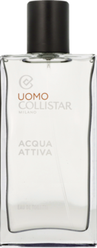 Szklana butelka Collistar Uomo Acqua Attiva Eau de Toilette z czarnym korkiem, widok z przodu. Świeży zapach.