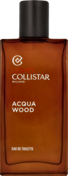 Prostokątna, brązowa butelka Collistar Uomo Acqua Wood Eau de Toilette z czarną nakrętką, widok z przodu.