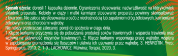 Zielony panel z białym tekstem: instrukcje użycia i korzyści produktu na wątrobę i metabolizm tłuszczów, dół pomarańczowy.
