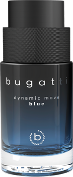 Perfumy Bugatti Dynamic Move Blue w ciemnogranatowej butelce z teksturowaną czarną nakrętką, widok z przodu.