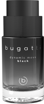 Bugatti Dynamic Move Black perfumy, elegancki czarny flakon z teksturowanym korkiem, widok z przodu.