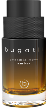 Bugatti Dynamic Move Amber, bursztynowy zapach w szklanej butelce z czarnym teksturowanym korkiem.