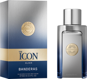 Antonio Banderas The Icon Elixir woda perfumowana dla mężczyzn, srebrna butelka i pudełko z niebieskim gradientem.