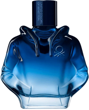 Męska woda perfumowana Tribe Intense Benetton w ciemnoniebieskiej butelce w kształcie bluzy z kapturem, przód.