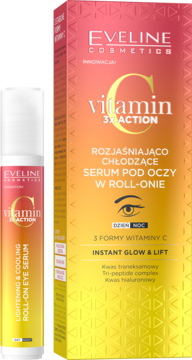 Eveline Vitamin C 3X Action rozjaśniająco-chłodzące serum pod oczy w roll-onie z opakowaniem, widok z przodu.