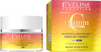 Eveline Vitamin C 3x Action rozświetlająco-kojący krem do twarzy, słoiczek i pudełko.